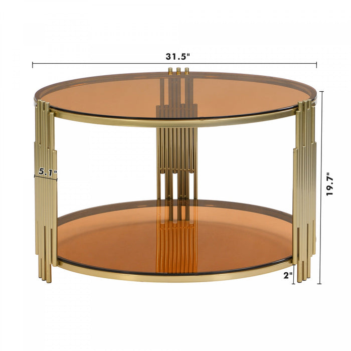 Jonas 31.5\" Round Tempered Glass Coffee Table With Lower Shelf - Brown 
