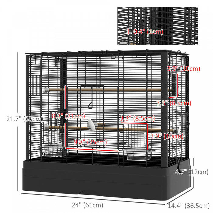 Pawhut 22" Bird Cage For Budgie, Finches, Canaries, Love Birds, Large Parrot Cage With Wooden Stands, Slide-out Tray, Handle, Food Containers, Black