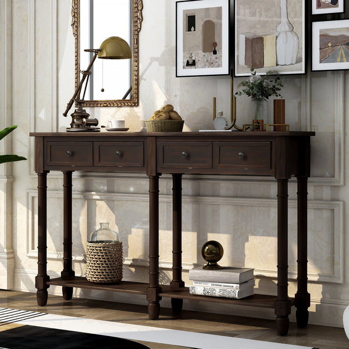 Phyllis Solid Wood Console Table With Drawers And Bottom Shelf - Espresso 