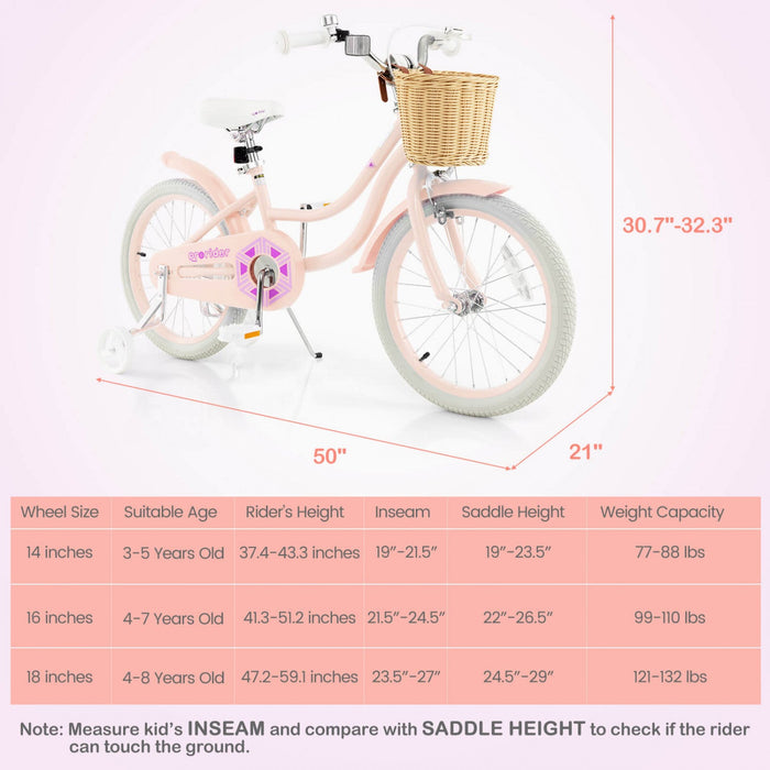 Costway 18" Kid's Bike With Training Wheels Adjustable Handlebar Seat Handbrake Pink