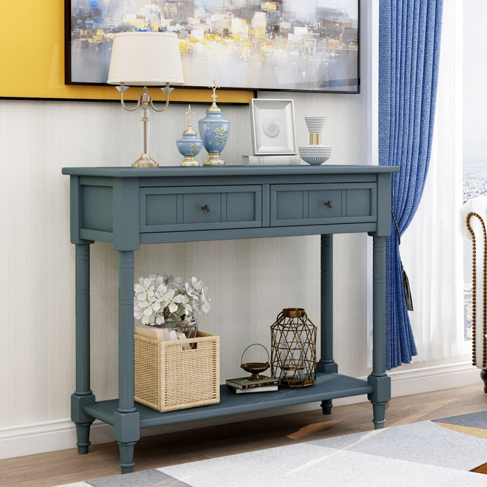 Jeremy Solid Wood Traditional Console Table With Drawers And Shelf - Navy 