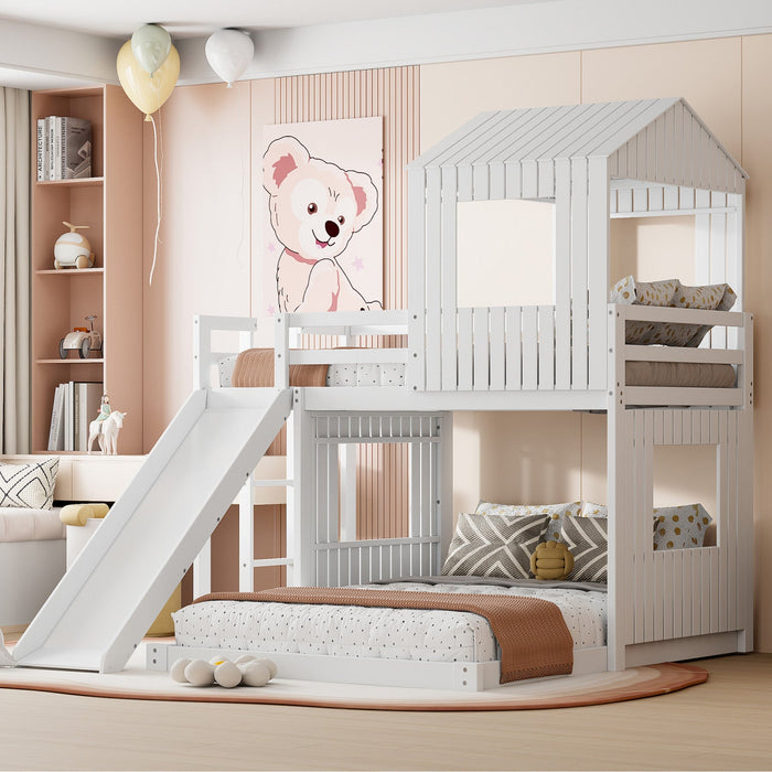 Marico Twin Over Solid Wood Full Bunk Bed With Slide, Playhouse Design - White 