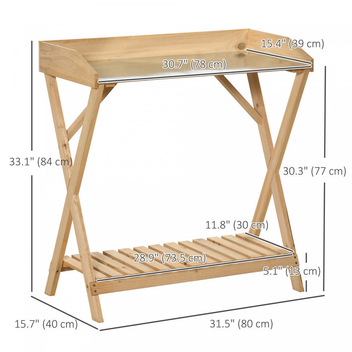 Outsunny Garden Potting Bench Table, Wooden Work Station, Outdoor Planting Workbench W/ Galvanized M