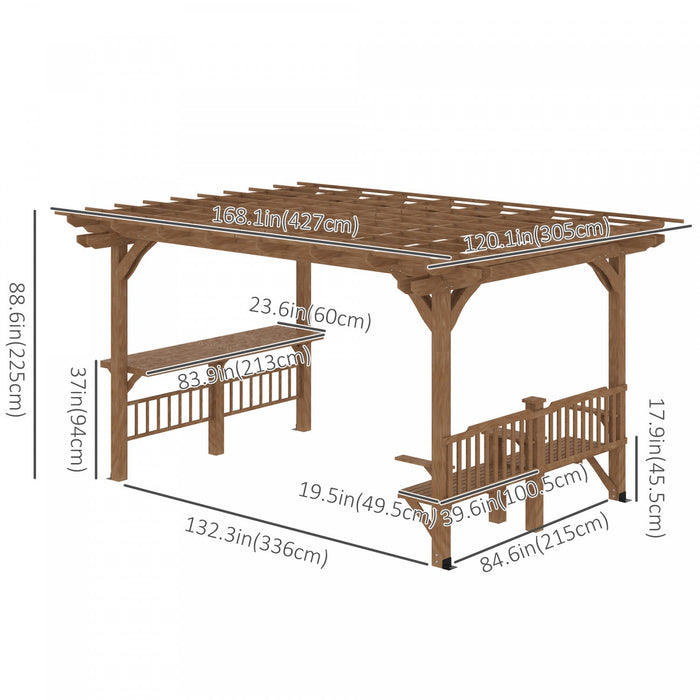 Outsunny 14' X 10' Outdoor Pergola, Wooden Gazebo Grill Canopy With Bar Counters And Seating Benches