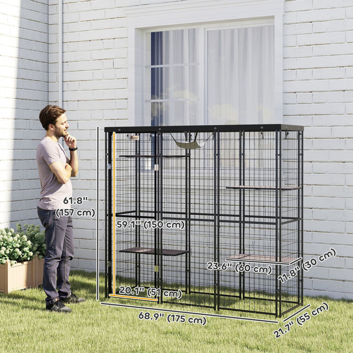 Pawhut Catio Outdoor Cat Enclosure, Weld Wire Outdoor Cat House With Waterproof Cover, 4 Jumping Platforms, Hammock, Cat Cage Indoor For 1-3 Kittens, 69" X 22" X 62", Black