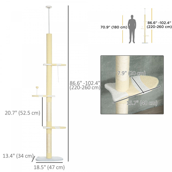 Pawhut Floor To Ceiling Cat Tree, 4-tier Cat Tower For Large Cats With Adjustable Height 87\"-102\", S