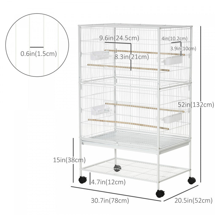 Pawhut 52\" Large Rolling Steel Bird Cage Bird House With Rolling Stand, Storage Shelf, Wood Perch, F