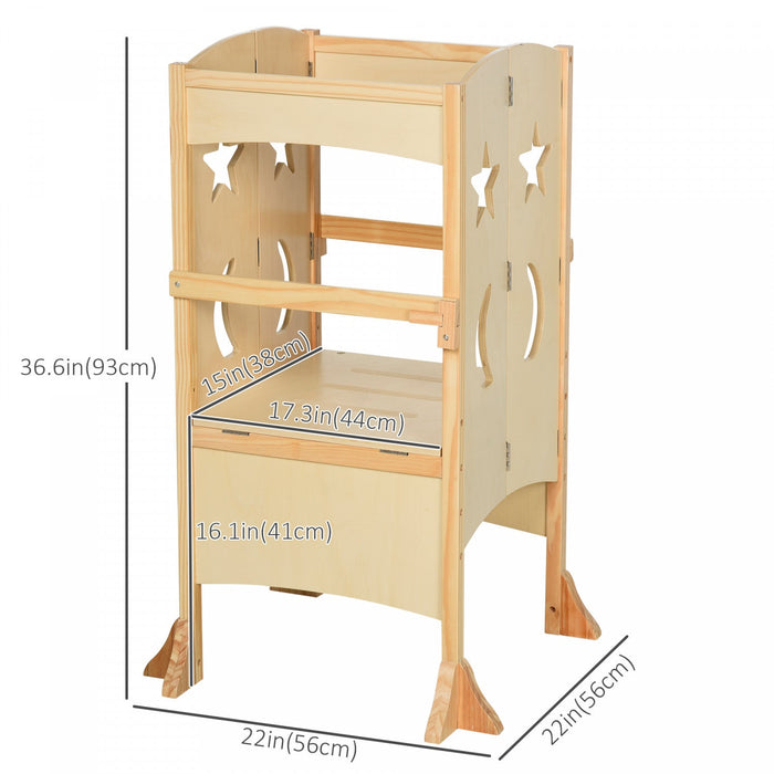 Qaba Folding Toddler Tower, Kitchen Helper Step Stool With Support Handles, Safety Rail And Non-slip