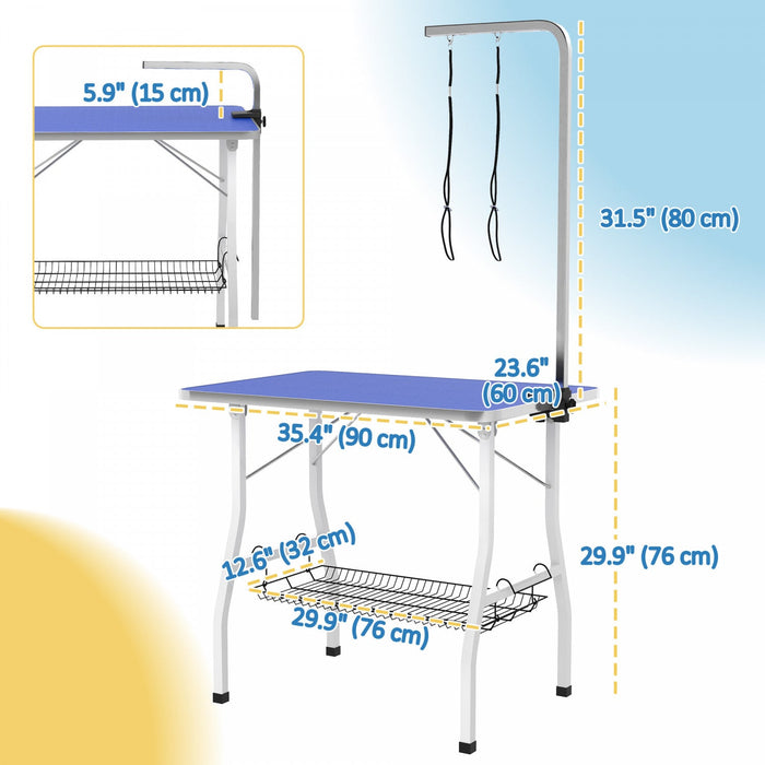 Pawhut 35in Dog Grooming Table With Adjustable Arm, Foldable Pet Grooming Table With Mesh Tray, Two 