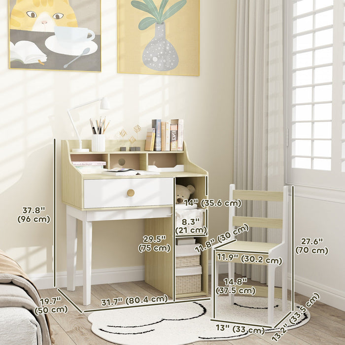 Qaba Kids Desk And Chair Set, Kids Table And Chair Set, Kids Study Table And Chair Set With Storage Shelves, Drawer, For 3-10 Years, White