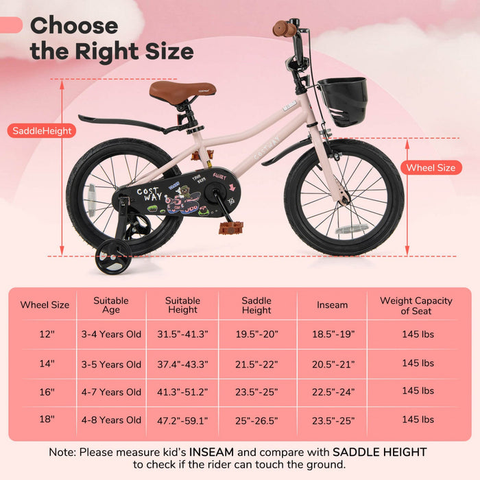 Costway 16" Kid's Bike With Training Wheels Adjustable Handlebar & Seat Handbrake Pink