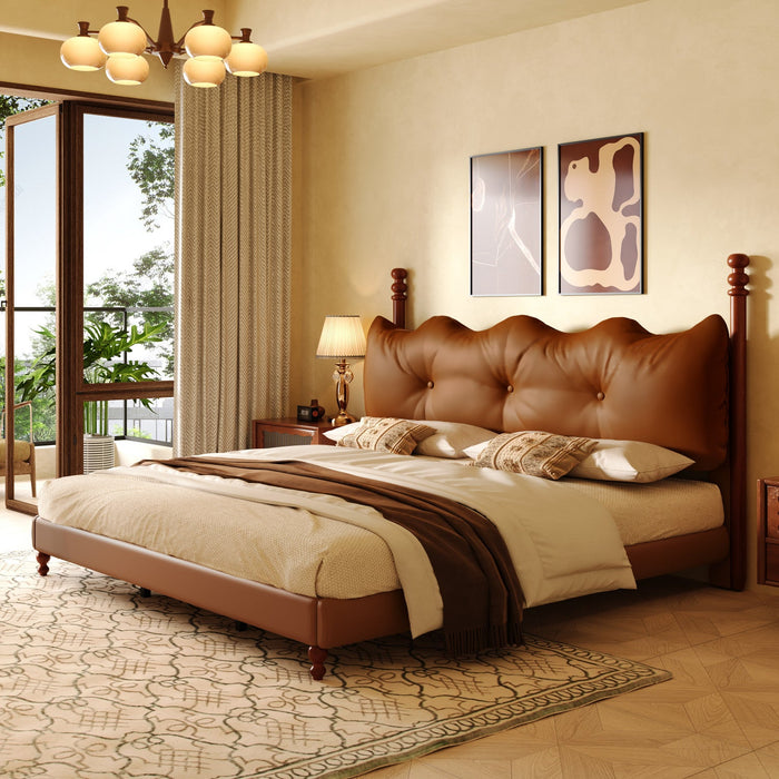 Emma Faux Leather Platform Bed Frame with Headboard,King Size,Brown King Bed  