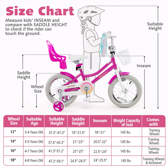 Costway 14" Kids Bike With Training Wheels Doll Seat Basket Streamers Hand Brake Pink
