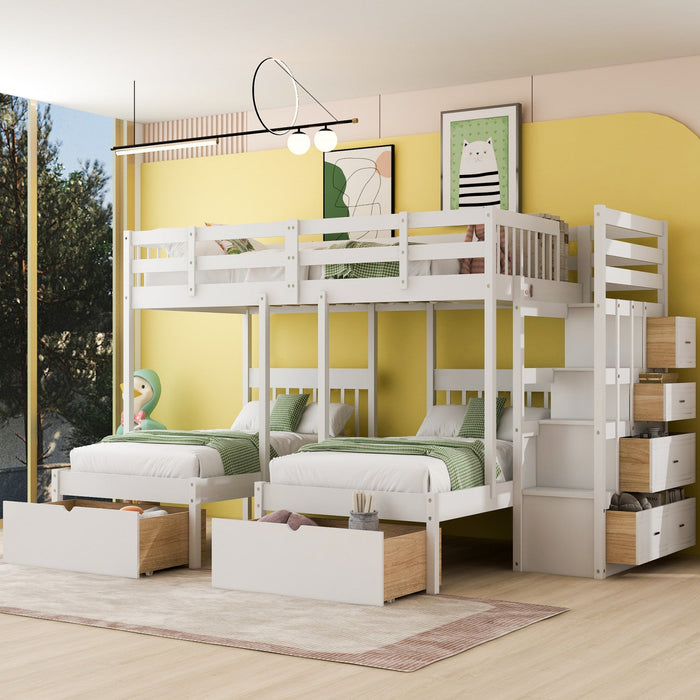 Claire Solid Wood Twin Triple Bunk Bed With Drawers And Guardrails - White 