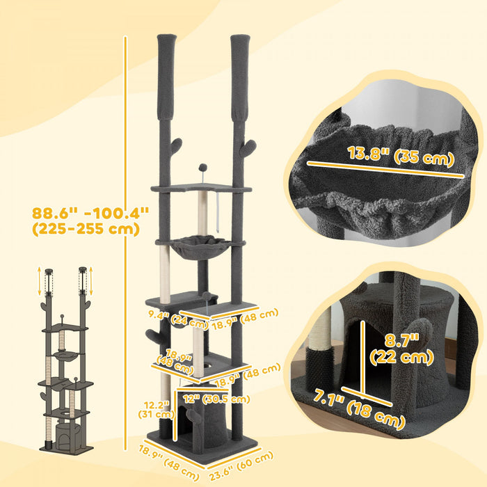 Pawhut Floor To Ceiling Cat Tree, 89\"-100\" Adjustable Height Cat Tower For Large Cats With Scratchin