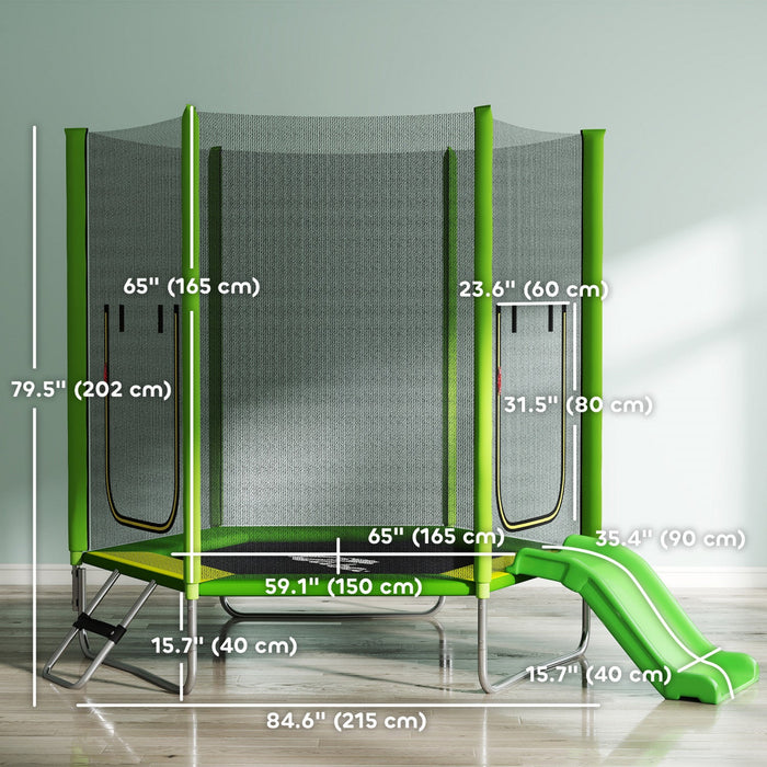 Qaba 85" Trampoline for Kids, Indoor & Outdoor Toddler Trampoline with Slide, Ladder and Safety Enclosure, for Jumping, Sliding, and Playing, for Boys & Girls Ages 3+, Green
