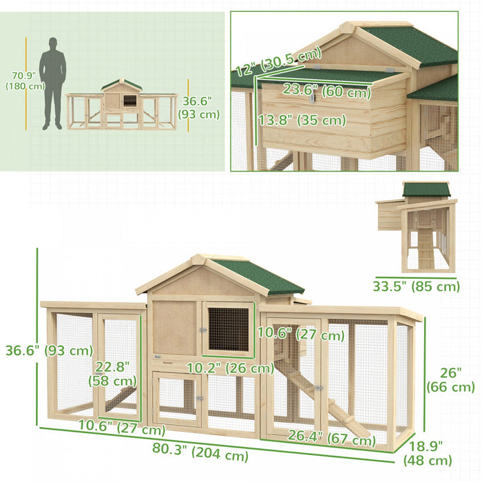 Pawhut 80\" Chicken Coop, Wooden Hen House Large Rabbit Hutch Poultry Cage Pen With Nesting Box, Run,