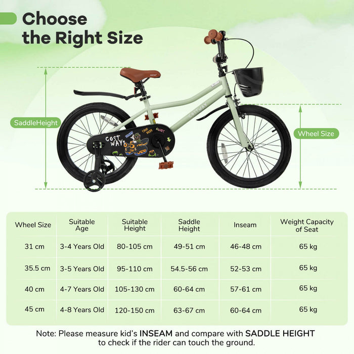 Costway 18" Kid's Bike With Training Wheels Adjustable Handlebar & Seat Handbrake Green