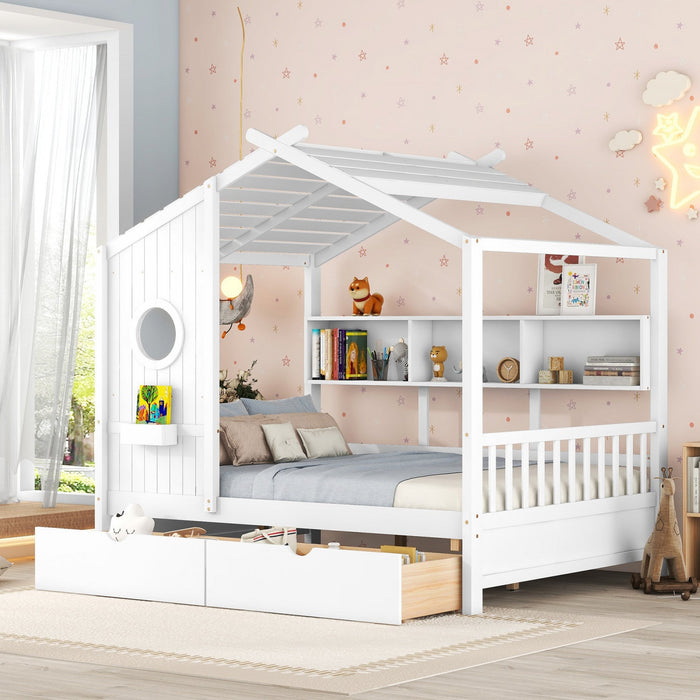 Jeames Wood House Bed with 2 Storage Drawers and Shelf, Full Size - White 