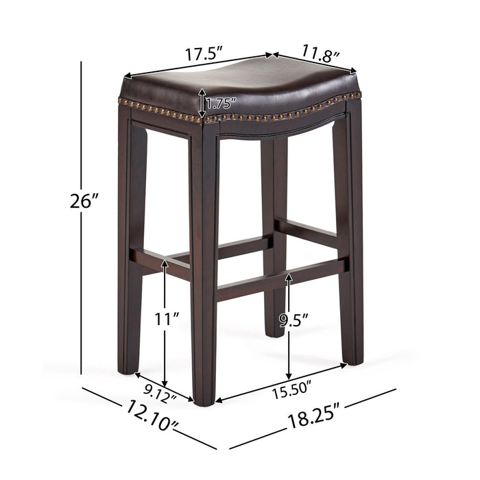 Tiffin Counter Stools Set Of 2, Saddle Seat With Studded Trim, Vegan Leather - Brown 