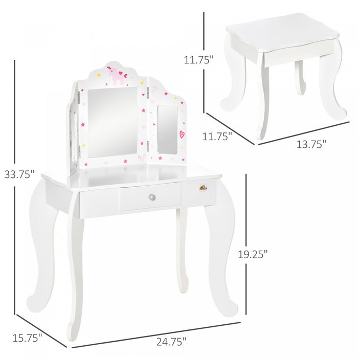 Qaba Kids Vanity Table & Stool Girls Dressing Set Make Up Desk With Tri-folding Mirrors Drawer Star 