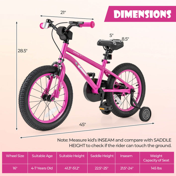 Costway 16-inch Kid's Bike For 4-7 Years Old With Adjustable Saddle & Anti-slip Handlebar Pink