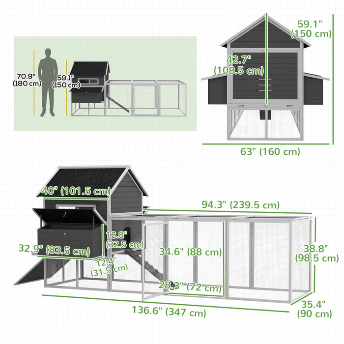 Pawhut 137" Chicken Coop, Wooden Large Hen House With Chicken Run, Nesting Box, Poultry Cage For Outdoor, Backyard, Grey