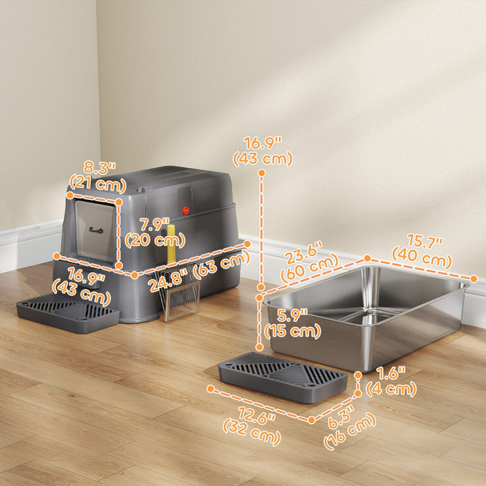 PawHut 80L Stainless Steel Litter Box with Lid, XL Cat Litter Box for Big Cats with 180° Flip Cover, Pull-Out Drawer Tray, High Sided, Pedal, Scoop, Dark Grey