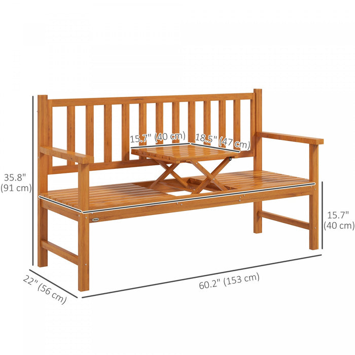 Outsunny Outdoor Bench With Liftable Middle Table, 60" Wood Garden Bench
