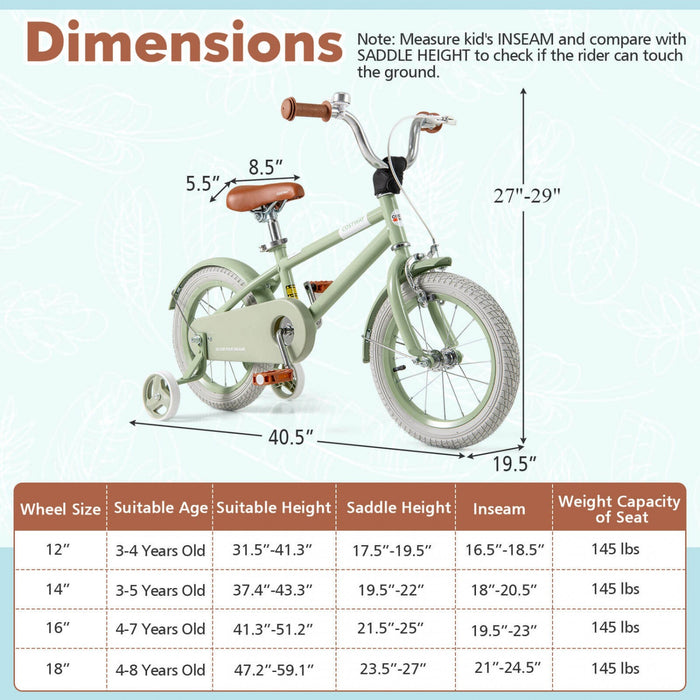 Costway 14" Kids Bike With Adjustable Saddle Handlebar Removable Training Wheels Handbrake Green