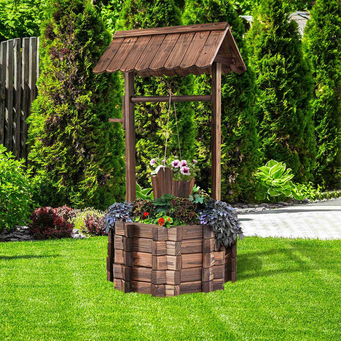 Costway Outdoor Wooden Wishing Well Bucket Flower Plants Planter Garden Home Decor