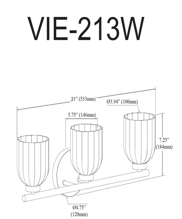 Dainolite Vienna 3 Light Incandescent Vanity Polished Chrome Clear Ribbed Glass Lamp