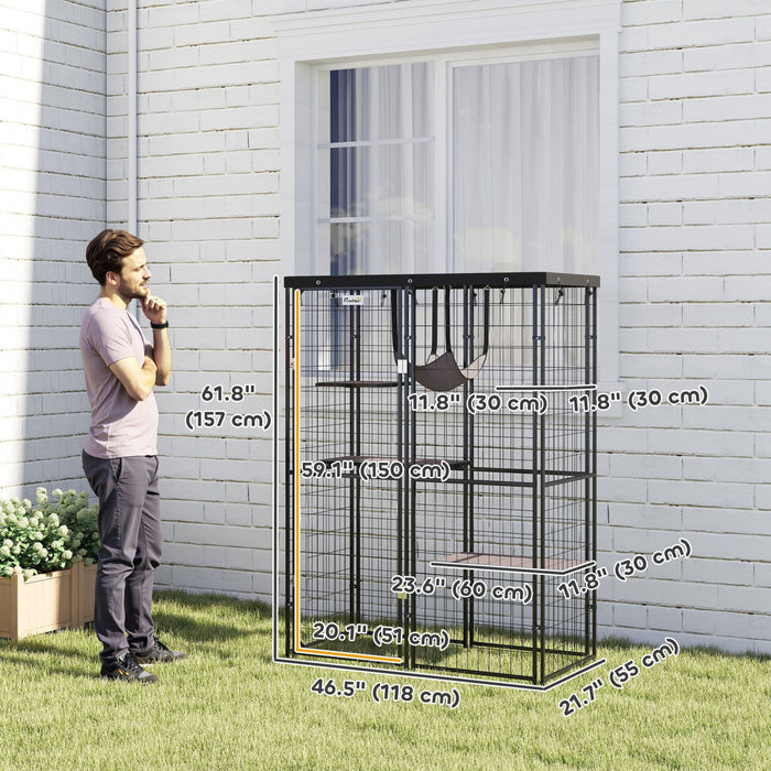 Pawhut Catio Outdoor Cat Enclosure, Weld Wire Outdoor Cat House With Waterproof Cover, 4 Jumping Platforms, Hammock, Cat Cage Indoor For 1-3 Kittens, 46.5" X 22" X 62", Black