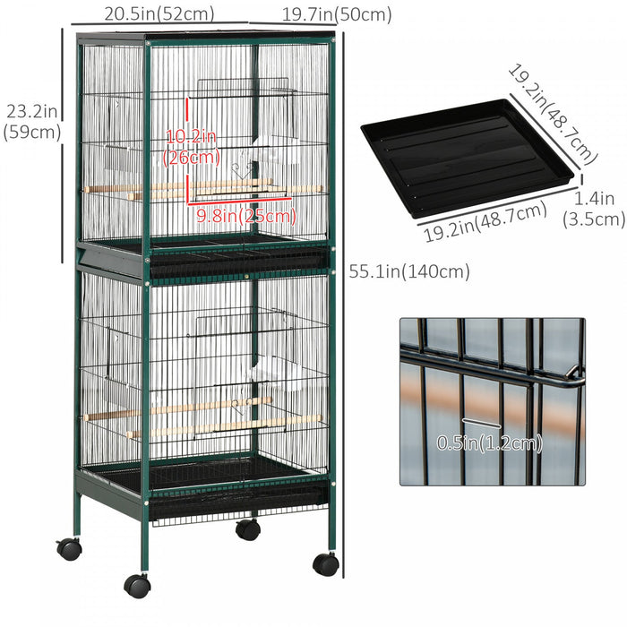 Pawhut 55.1\" 2 In 1 Bird Cage Aviary Parakeet House For Finches, Budgies With Wheels, Slide-out Tray