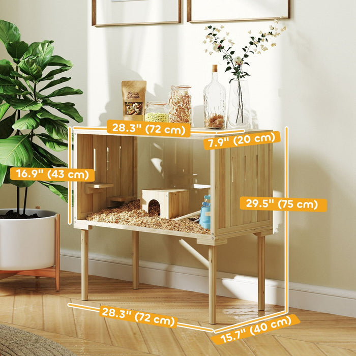 Pawhut Large Hamster Cage, 28"length Wooden Hamster Cage For Syrian, Dwarf, Gerbil, Hamster Habitat With Seesaw, Water Bottle, Food Dish, Hut, Transparent Panel For Easy Observe