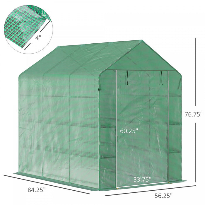 Outsunny 84\"x 56\" X 77\" Walk-in Greenhouse 2-tier Flower Rack Outdoor Plant Garden Pe Cover Steel Fr
