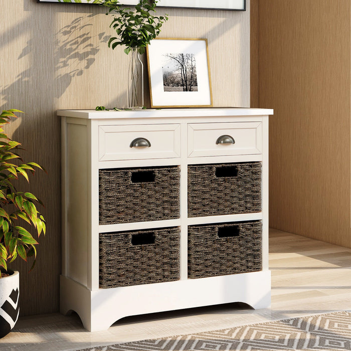 Tobey Solid Wood Storage Cabinet With 2 Drawers And 4 Rattan Baskets,white Accent Cabinet 