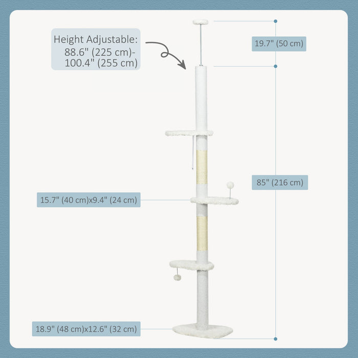 Pawhut Floor To Ceiling Cat Tree With Scratching Posts, 88.5"-100.5" Adjustable Height Cat Tower With Cloud Shaped Platforms, Dangling Balls, White