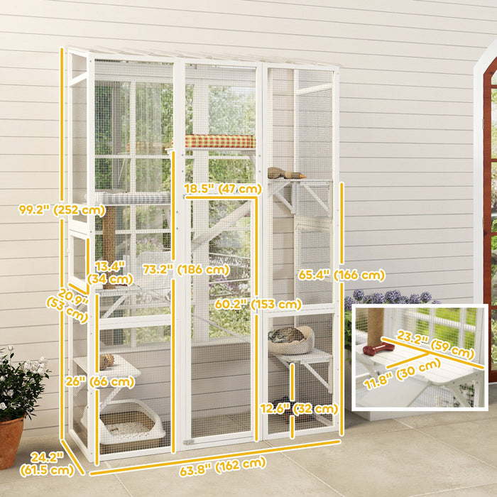 PawHut Catio Outdoor Cat Enclosure, Large Wooden Cat House with 6 Platforms, Scratching Post, 2 Ramps, Waterproof Roof, Walk-in Kitty Cage for 2–3 Kittens, 64" x 24" x 99", White