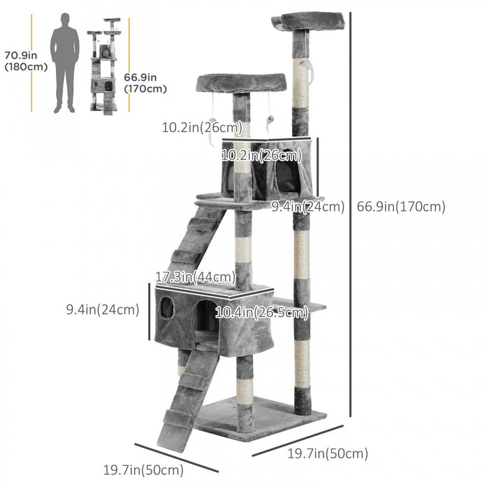 Pawhut 67inch Cat Tree With Scratching Post, Cat Condo Tower With Cat House, Toy, Perch, Grey