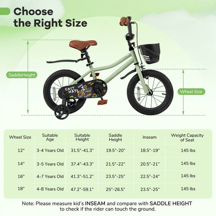 Costway 14" Kid's Bike With Training Wheels Adjustable Handlebar & Seat Handbrake Green