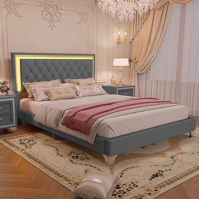 Sophia Upholstered Bed Frame With Led Lights And Velvet Tufted Headboard,queen Size,grey Queen Bed 