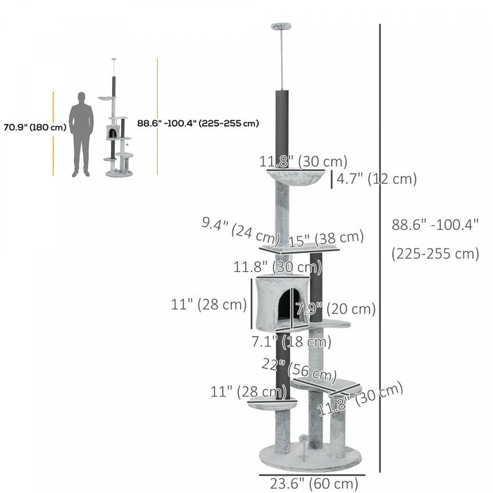 Pawhut Floor To Ceiling Cat Tree For Large Cats, 89\"-100\" Adjustable Height Cat Climbing Tower W/ Ha