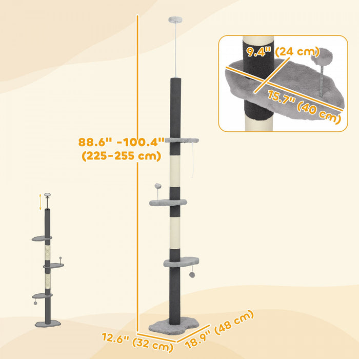 PawHut Floor to Ceiling Cat Tree with Scratching Posts, 88.5"-100.5" Adjustable Height Cat Tower with Cloud Shaped Platforms, Dangling Balls, Grey
