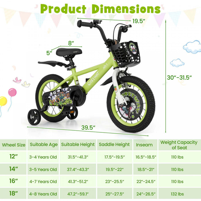 Costway 14" Kid's Bike For 3-5 With Height-adjustable Handlebar & Saddle Handbrake Green