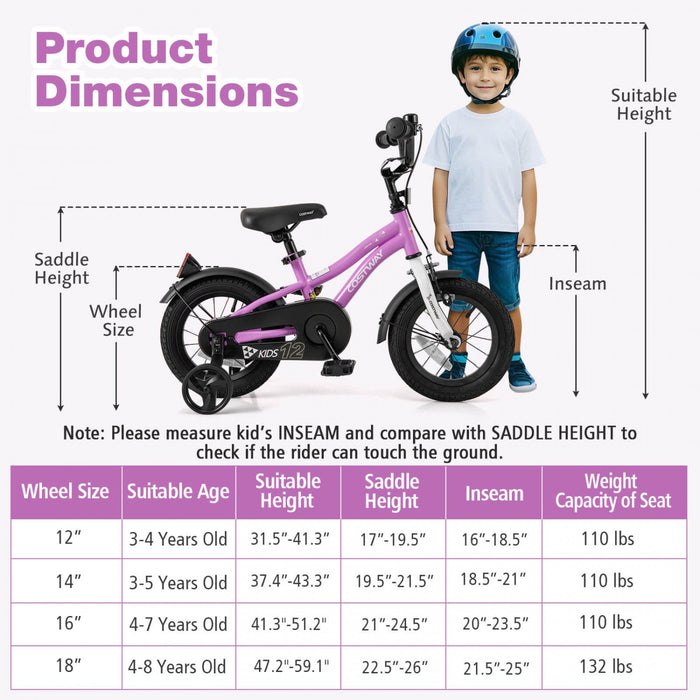 Costway 12" Kids Bike For 3-4 Years Old Boys & Girls With Adjustable Seat Handbrake Reflectors Purple