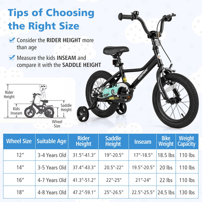 Costway 14" Kids Training Bike With Removable Training Wheels Pneumatic Tires Black