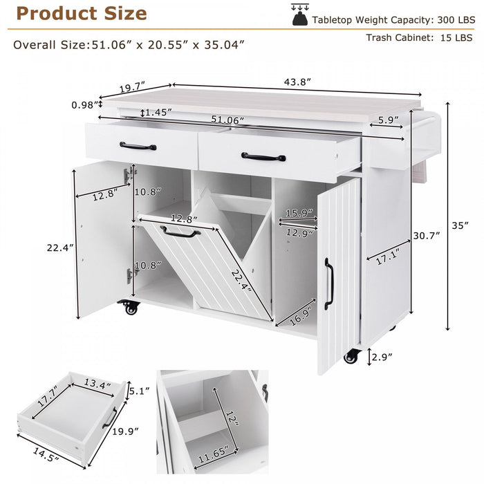 Nathan Kitchen Island With Tilt-out Trash Cabinet And Storage - White 