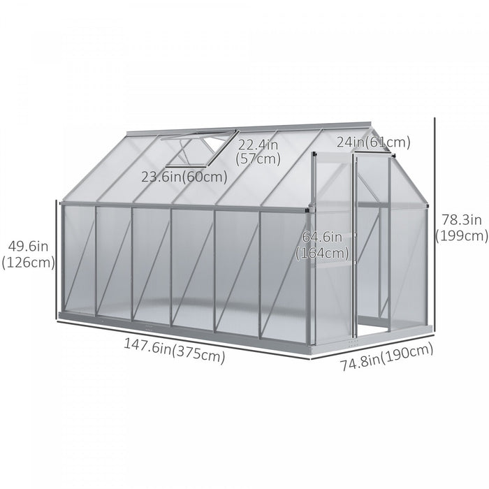 Outsunny 12' X 6' Aluminum Greenhouse Polycarbonate Walk-in Garden Greenhouse Kit With Adjustable Ro