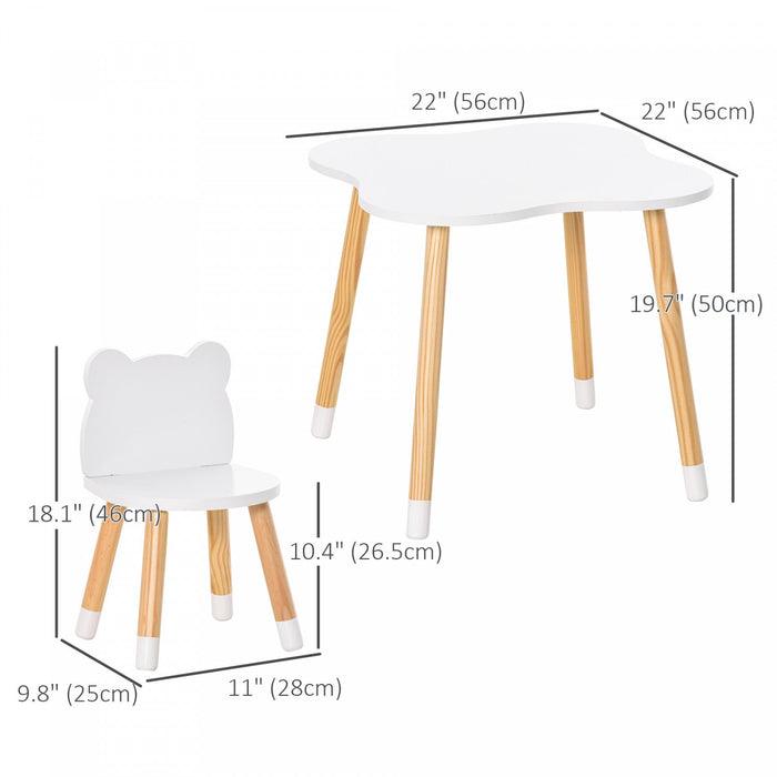 Qaba Kids Wooden Table And 2 Chairs Set Children 3-piece Dining Table With Cute Bear Shape And Round
